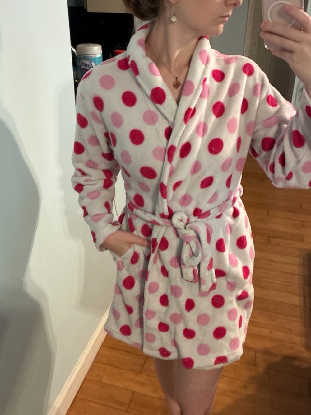 Ulta Beauty White Robe with Pink and Red Polka Dots